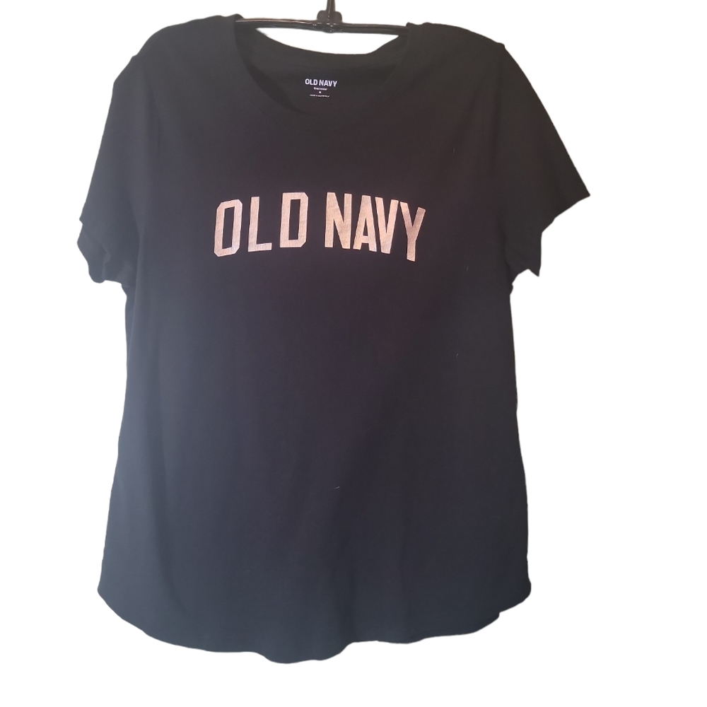 Old Navy Top Black Pullover Short Sleeve With Gold Writing Tee Sz Medium